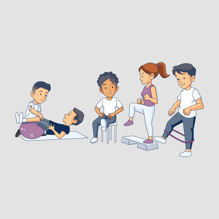 Illustration einer Trainingsgruppe mit Physiotherapeut: Übungen im Liegen, Sitzen und Stehen zur Kräftigung bei Knie- und Hüftarthros